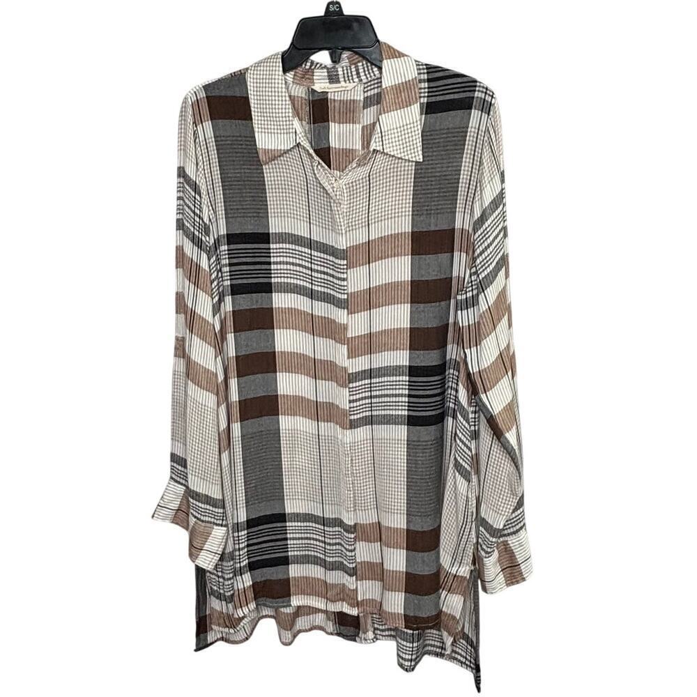 Soft Surroundings Button Up Woven Plaid Longline Lagen Look Tunic Size Large